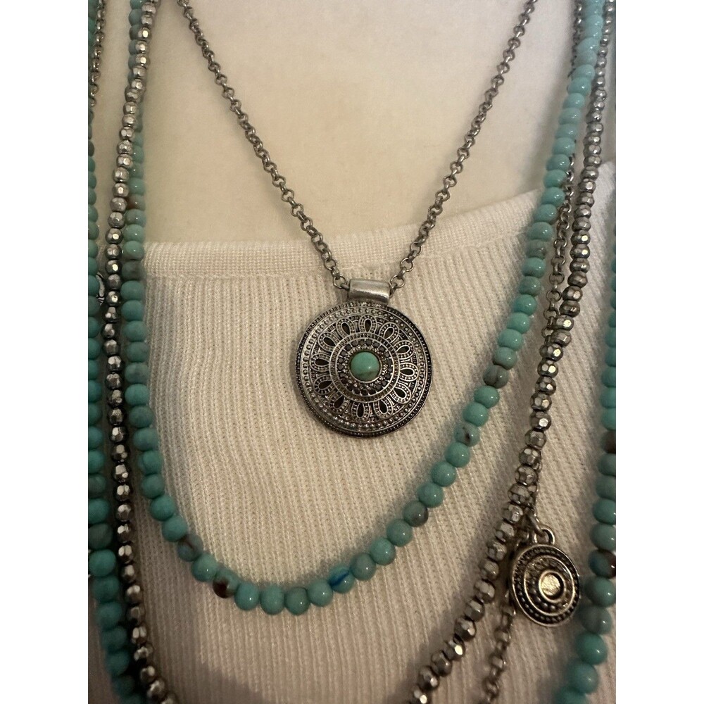 Lucky Brand Layered Turquoise Beaded Necklace Silver Tone Boho Statement Pendant - Picture 4 of 7